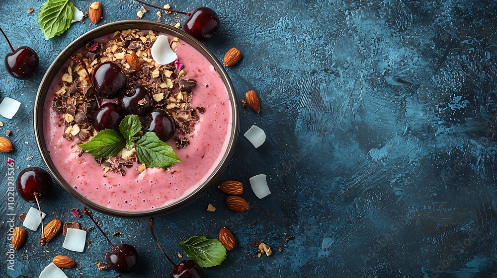 Poster smoothie bowl with fresh black cherries coconut flakes almond and cocoa nibs blue stone background t