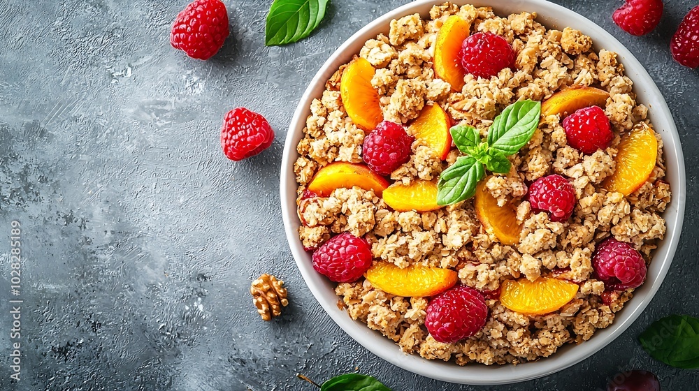 Poster crumble cake with fruits and nuts in bowl grey background top view : generative ai