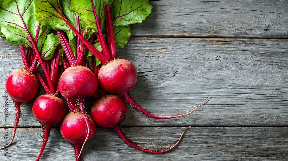 Poster beet beetroot bunch on grey wooden background top view copy space : generative ai
