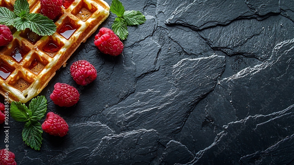Poster Belgian waffles with maple syrup and fresh raspberry Grey slate background Top view : Generative AI