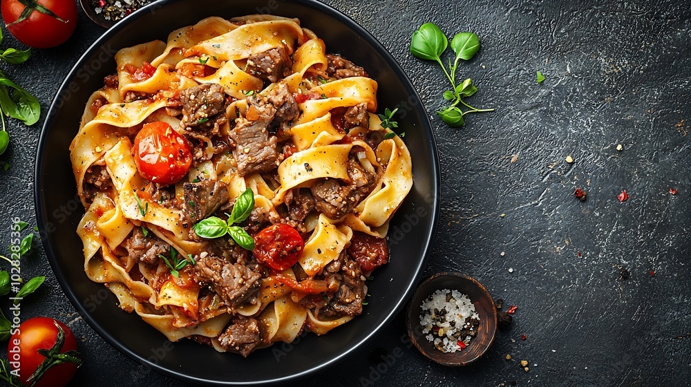 Poster pasta pappardelle with beef ragout sauce in black bowl grey background close up top view : generativ