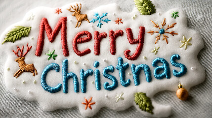Merry Christmas cross stitched design featuring colorful embroidery with festive elements like reindeer and snowflakes, perfect for holiday decorations