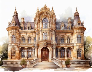 Obraz premium Historic mansion with ornate architecture and intricate details, white isolated background.