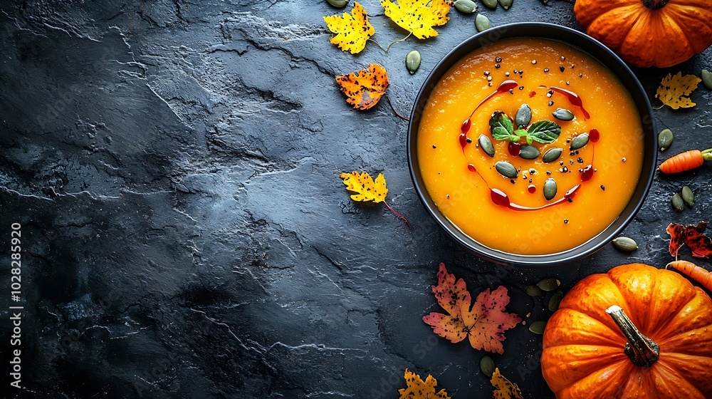 Poster pumpkin and carrot soup with pumpkin seeds on grey stone background top view : generative ai