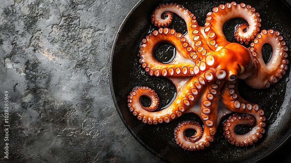 Poster octopus in a black frying pan black stone background copy space top view : generative ai