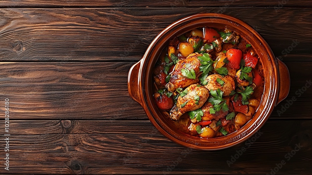 Poster tagine with cooked chicken and vegetables wooden background copy space top view : generative ai