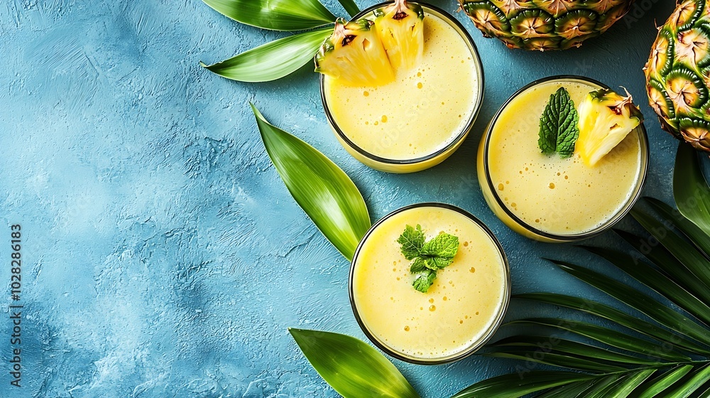 Aufkleber pineapple with tropical fresh juice smoothie on blue background copy space top view : generative ai