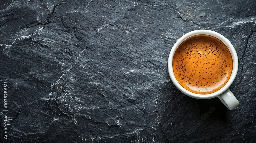 Poster coffee espresso in white cup on black slate background top view copy space : generative ai