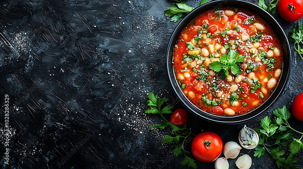 Poster bean soup in a black bowl grey background copy space top view : generative ai