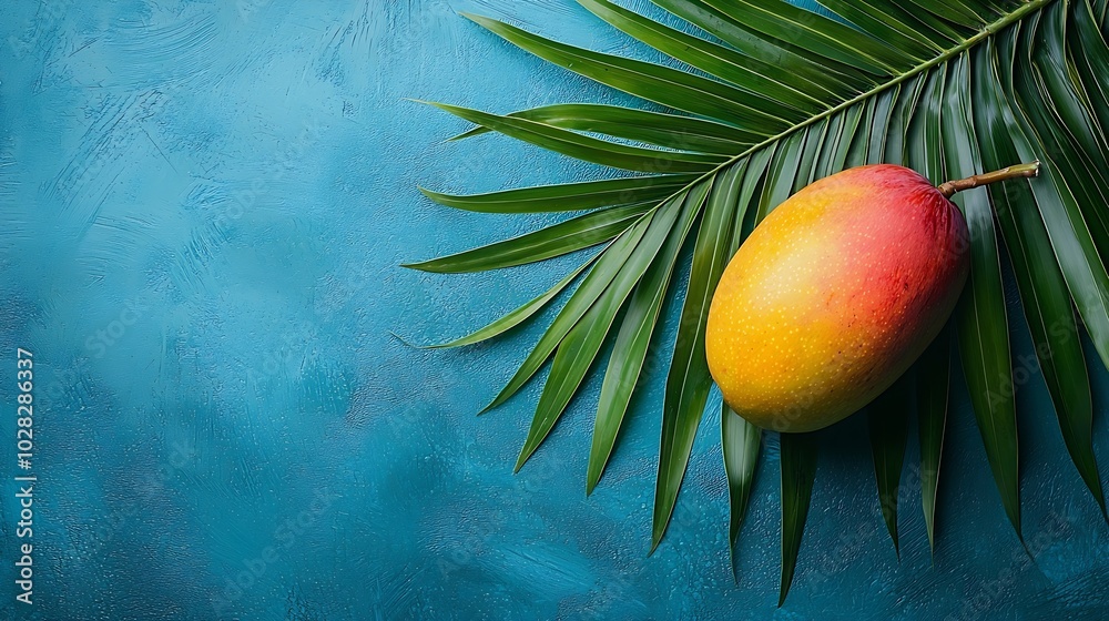 Aufkleber fresh mango on a palm leaf blue background top view : generative ai