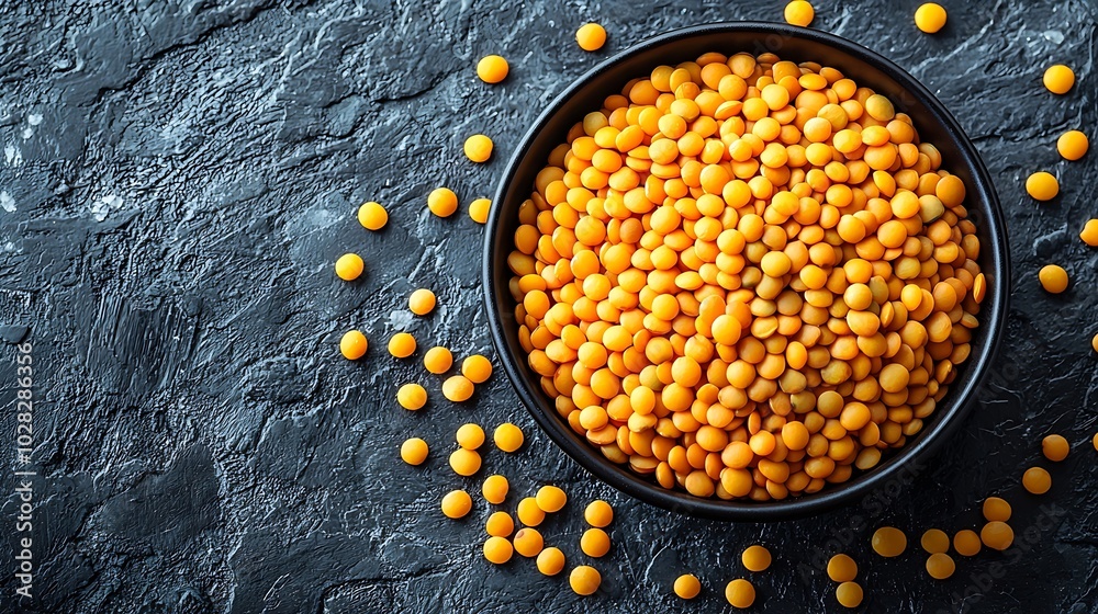 Poster yellow lentil in a black bowl on grey stone background top view copy space : generative ai