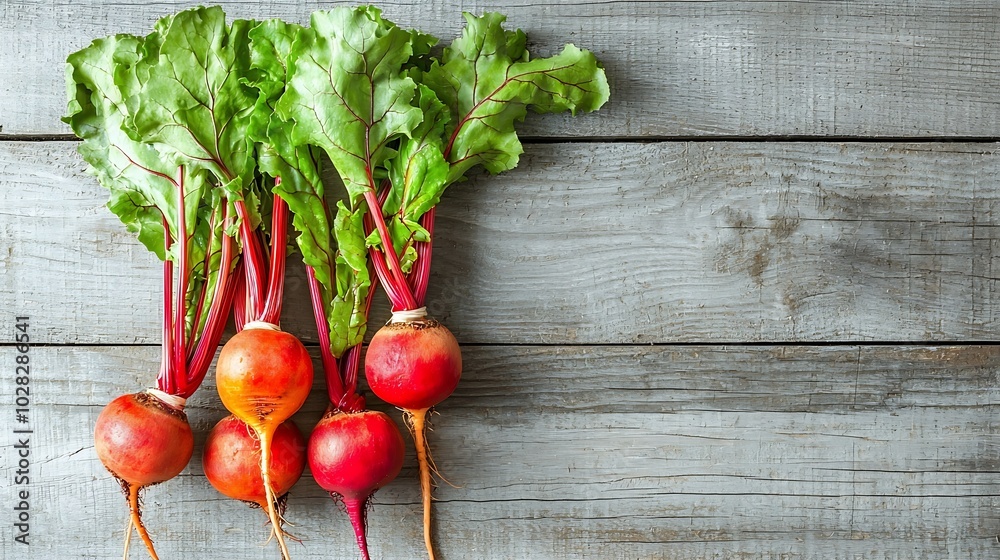 Poster fresh organic beet beetroot on grey rustic wooden background top view close up : generative ai