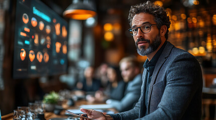 A manager leading a formal meeting with colleagues, presenting data on a projector screen, with attendees focused and taking notes in a corporate boardroom 