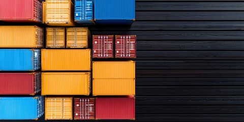 Fototapeta premium Colorful Shipping Containers on Black Wooden Background Aerial View