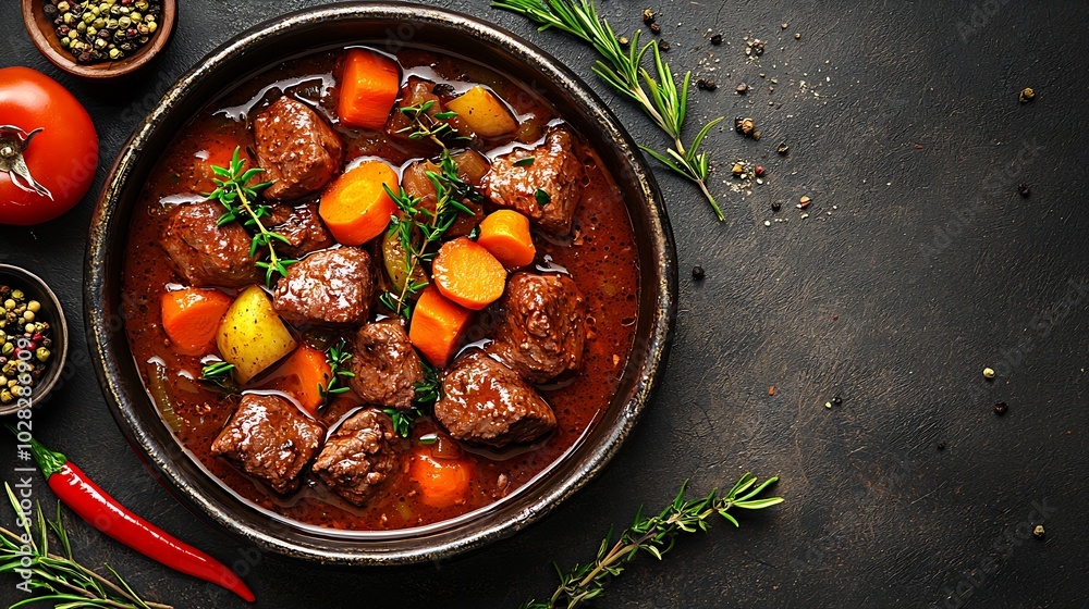 Poster Beef bourguignon stew with vegetables Grey background Copy space Top view : Generative AI