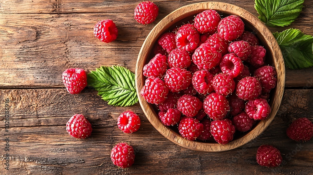 Poster ripe sweet raspberries in bowl on wooden table close up top view high resolution product : generativ