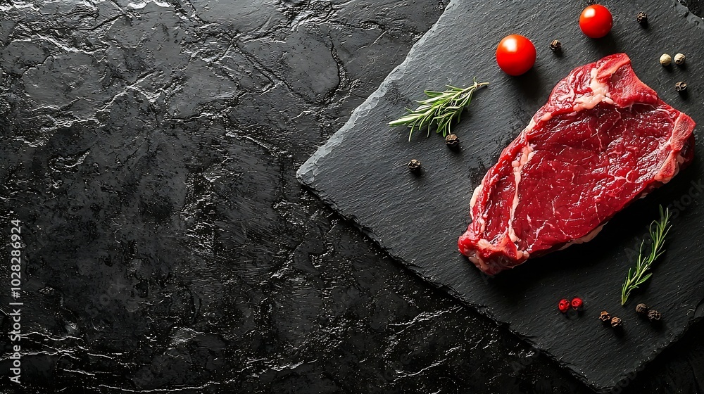 Poster raw beef steak meat piece top view copy space slate cutting board : generative ai