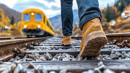Fototapeta premium Man Walking on Train Tracks Journey Adventure Transportation