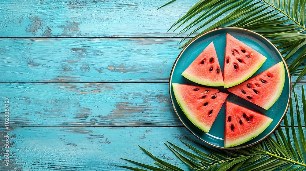 Aufkleber watermelon slices on a blue plate colorful wooden background with palm leave top view : generative a