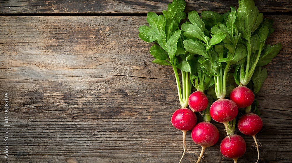 Poster radish bunch on rustic wooden background close up : generative ai