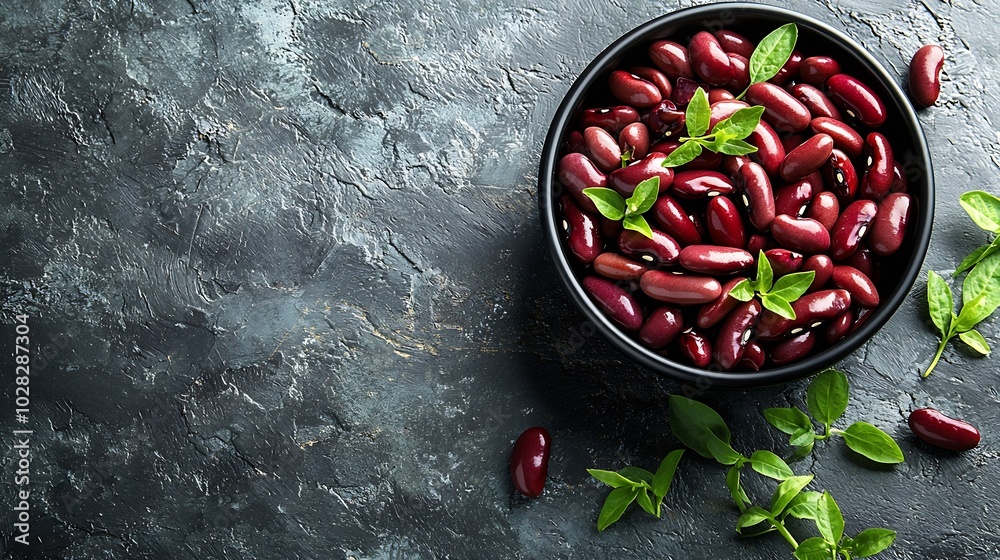 Poster red kidney beans in a black bowl on grey stone background top view : generative ai