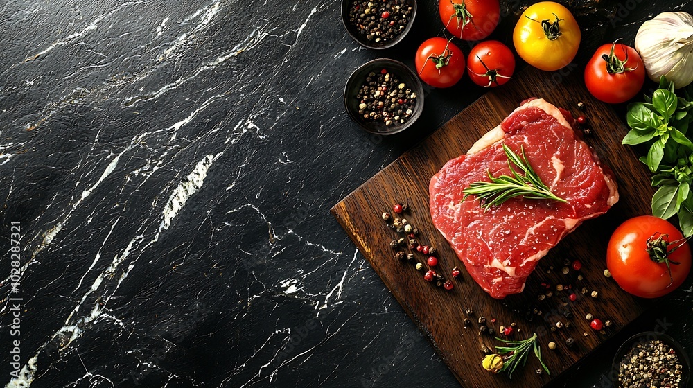 Poster raw beef steak with spices and ingredients for cooking top view copy space : generative ai
