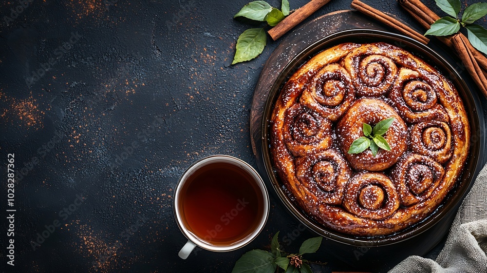 Poster cinnamon rolls buns cinnabons in baking dish with cup of tea dark background close up top view : gen