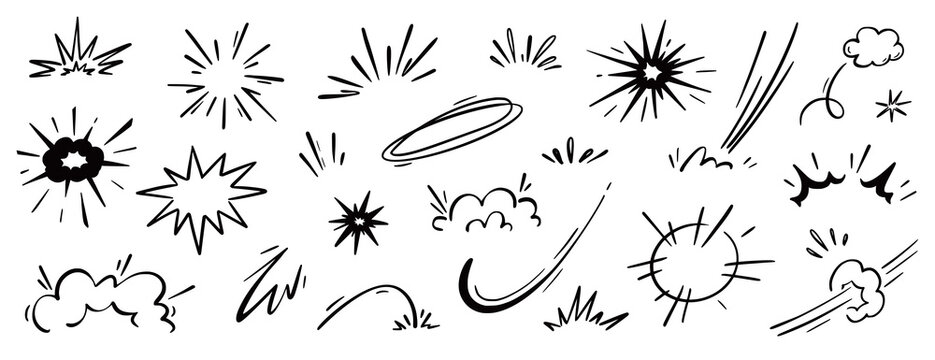Comic cartoon boom speed effect, explosive motion line element set. Comic boom burst, explosive smoke, line speed cartoon vector icon. Hand drawn sketch doodle action effect. Vector illustration..
