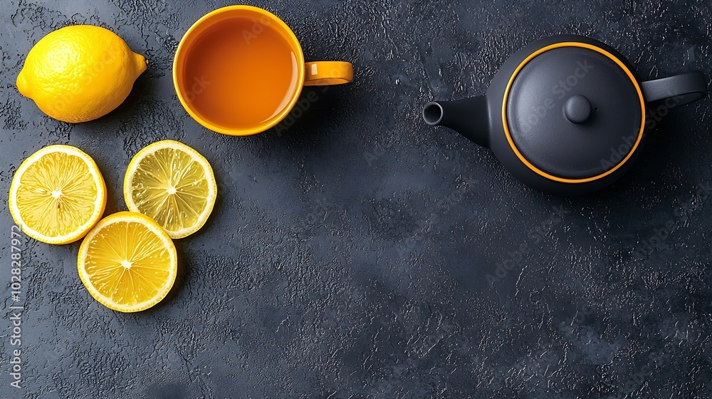 Aufkleber tea cup and pot with lemon grey background top view : generative ai