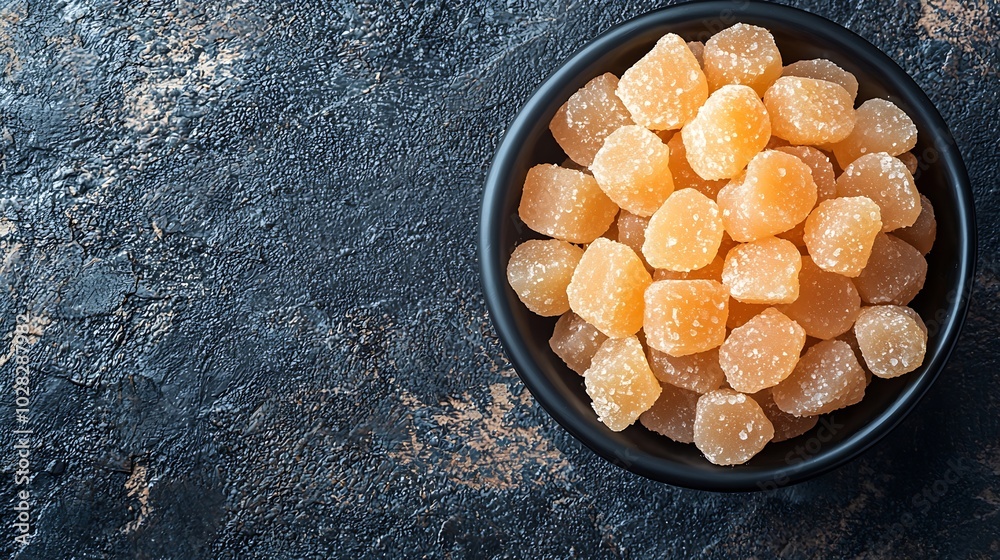 Aufkleber candied ginger in black bowl on dark stone background top view copy space : generative ai
