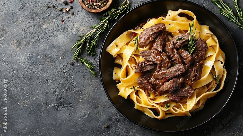 Poster pasta pappardelle with beef ragout sauce in black bowl grey background top view : generative ai