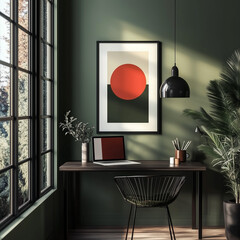 Wall Art Mockup, Minimalist Home Office with Modern Art Poster and Olive Green Wall