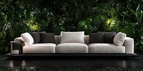 Obraz premium Modern Sofa in Tropical Garden Setting with Lush Greenery