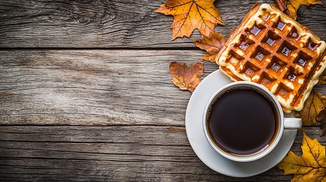 Fresh waffles with maple syrup and coffee on a wooden background : Generative AI
