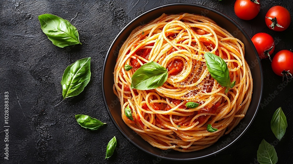 Poster Pasta spaghetti with tomato sauce and fresh basil in a bowl Grey background Top view Copy space : Generative AI