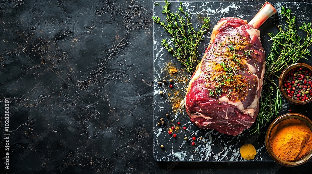 Poster raw lamb leg with spices and herbs on marble cutting board dark background copy space top view : gen