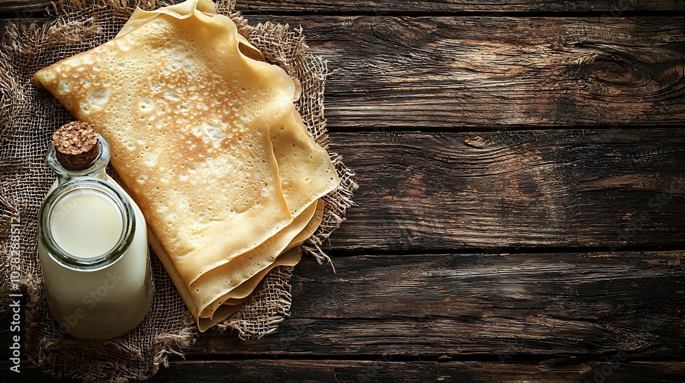 Poster thin crepes or pancakes with fresh pumpkin confiture jam and bottle of milk on a rustic wooden backg