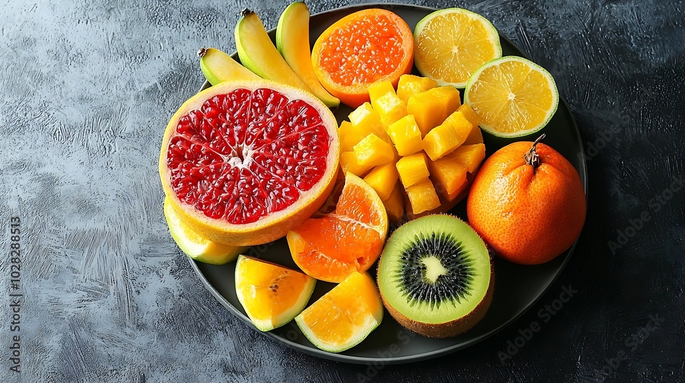 Poster tropical fruits assortment on a plate grey background copy space top view : generative ai