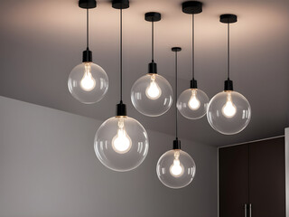 Set of modern ceiling lamp light bulbs transparent clear acrylic ball sphere lamp interior for building decoration. Concept modern home.