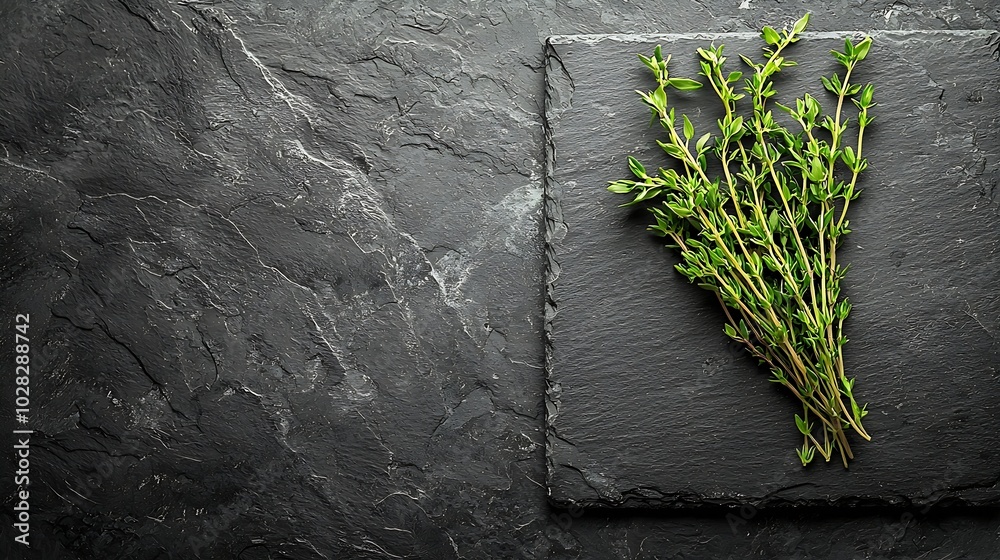 Poster Fresh thyme bunch on slate background Close up Copy space : Generative AI