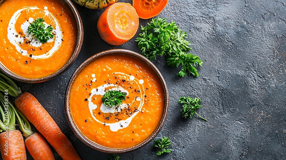 Poster Pumpkin and carrot soup with cream on grey stone background Close up Top view : Generative AI