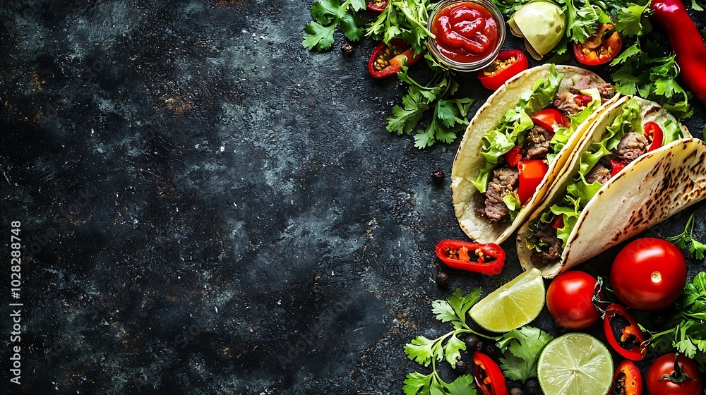 Aufkleber taco with meat and vegetables dark background copy space top view : generative ai