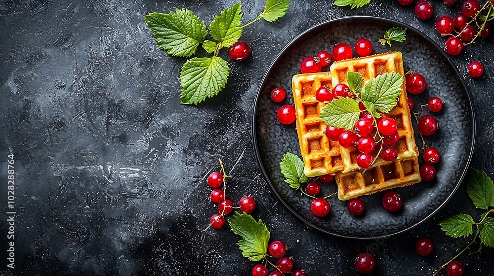Poster Belgian waffles with fresh red currant berries Dark slate background Copy space : Generative AI
