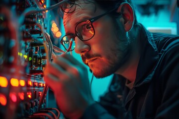 Cybersecurity engineer working with network threats. Information security expert searching for network vulnerabilities.