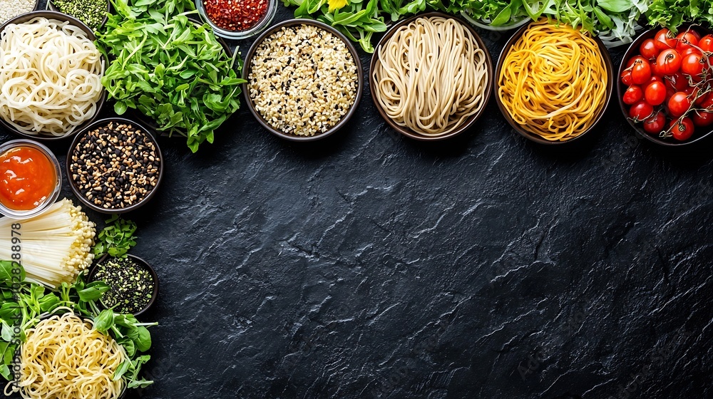 Poster assortment of japanese soba noodles with sauce and garnishes top view copy space black slate backgro