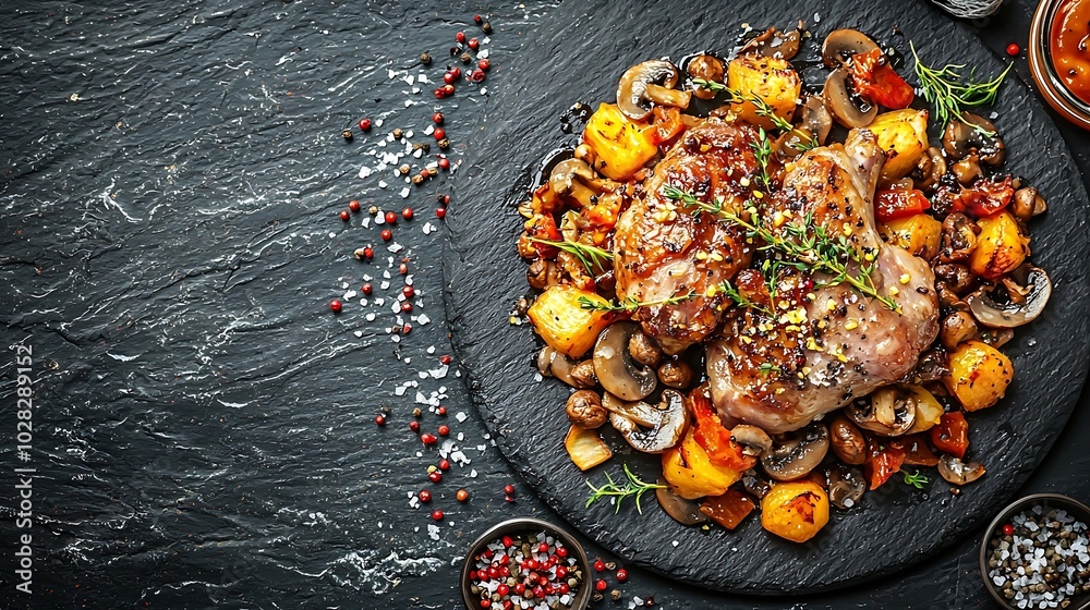 Poster duck leg confit with mushroom sauce on black plate slate background copy space top view : generative