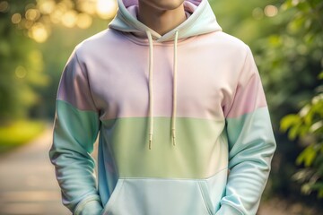 Trendy pastel hoodie mockup on person close-up style