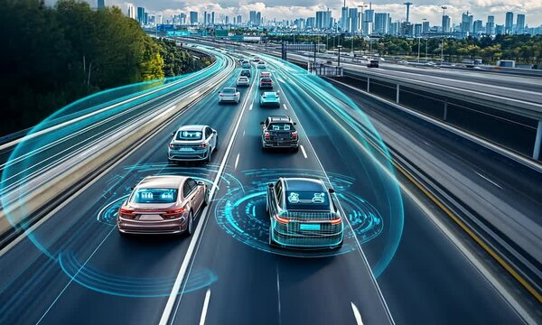 Futuristic highway scene showcasing autonomous vehicles with digital overlays and city skyline.