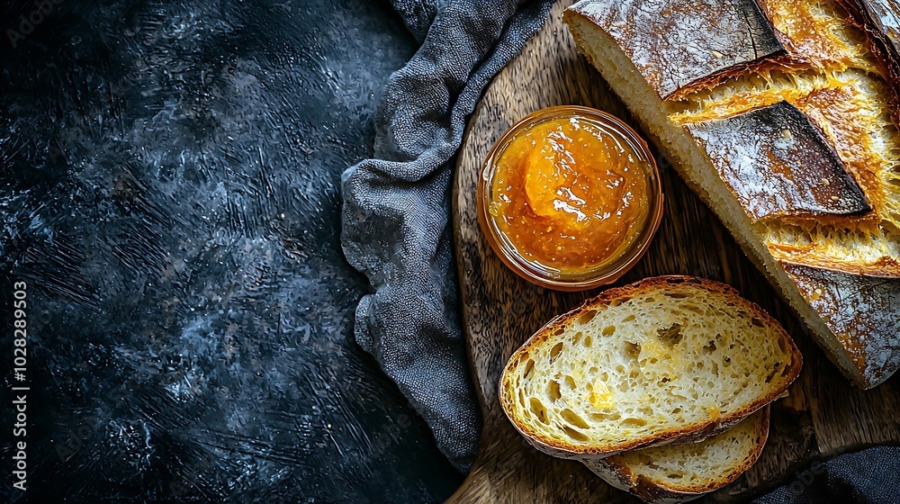 Poster sourdough bread on wooden cutting board with butter and orange jam grey background top view close up