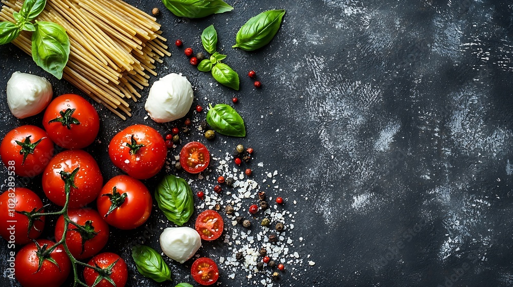 Poster pasta fusilli with mozzarella cheese tomatoes and basil dark background close up top view : generati